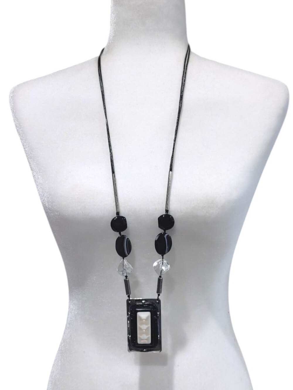 Chico's Long Black Silver Rectangle Opal Pendant Statement Necklace Jewelry